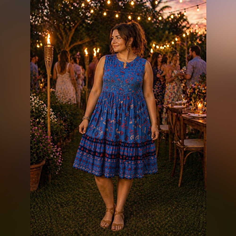 Blue Floral Tiered Dress XL Boho Cottagecore Flowy Sleeveless Summer NWT